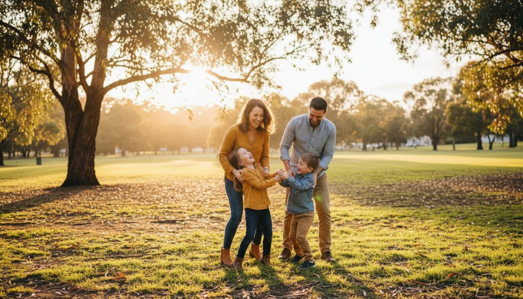 A family laughing together amidst golden hour light in a Box Hill North park, capturing an authentic, heartwarming epic moment of joyful candid family photography.