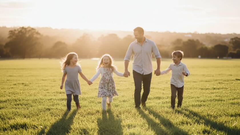 An epic moment of a family joyfully running through the golden hour light in a beautiful Hughesdale park, captured with professional dramatic lighting and warm colour grading, embodying joyful candid family photography Hughesdale moments.