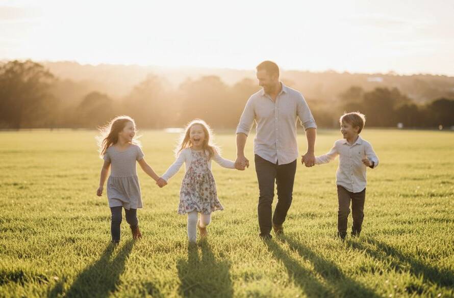 An epic moment of a family joyfully running through the golden hour light in a beautiful Hughesdale park, captured with professional dramatic lighting and warm colour grading, embodying joyful candid family photography Hughesdale moments.