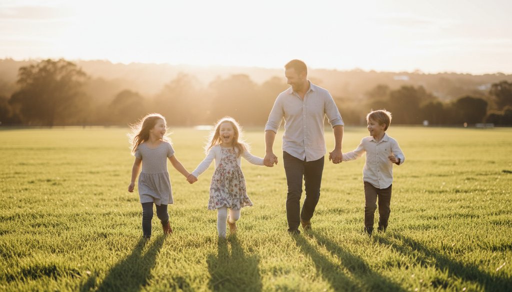 An epic moment of a family joyfully running through the golden hour light in a beautiful Hughesdale park, captured with professional dramatic lighting and warm colour grading, embodying joyful candid family photography Hughesdale moments.