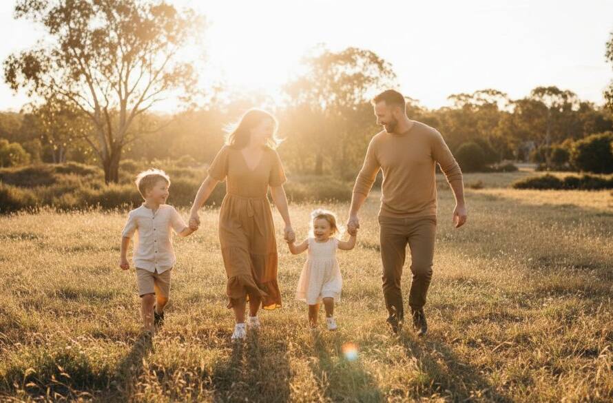 An epic, sun-drenched moment of joyful candid family photography Ringwood East, showing a family laughing together in a golden field at sunset, professional color grading.