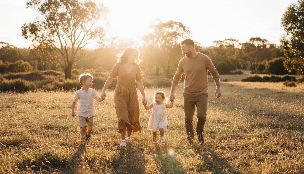 An epic, sun-drenched moment of joyful candid family photography Ringwood East, showing a family laughing together in a golden field at sunset, professional color grading.