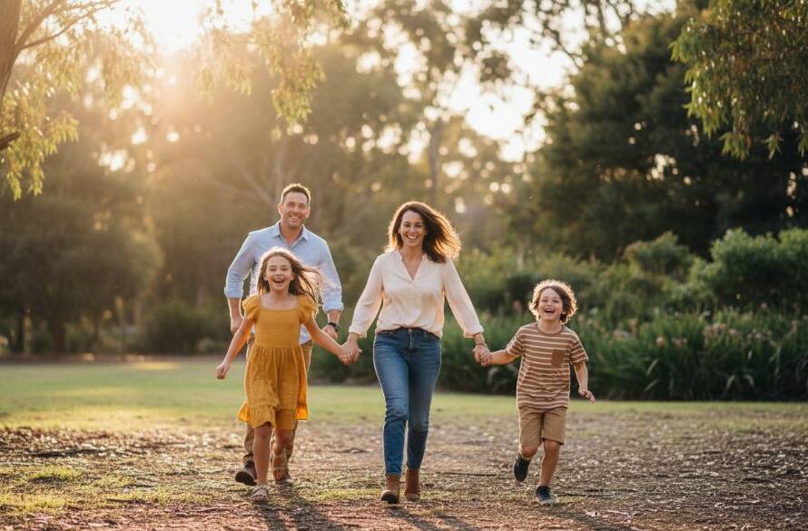A heartwarming and joyful candid family photography session Croydon North moment, capturing a young family laughing together amidst the golden afternoon light of a park, with lush greenery in the background, professionally colour-graded for an epic, emotional feel.