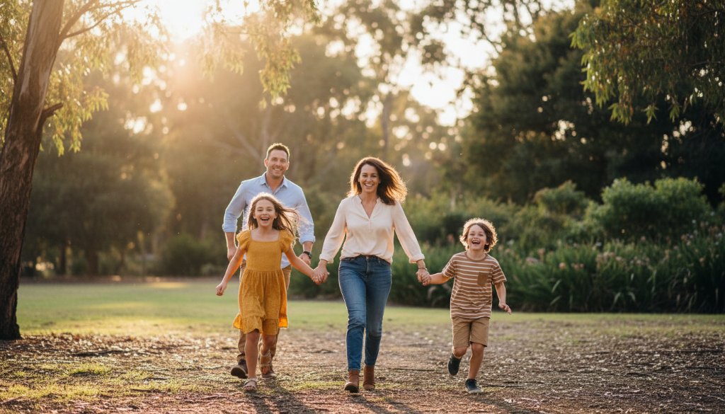 A heartwarming and joyful candid family photography session Croydon North moment, capturing a young family laughing together amidst the golden afternoon light of a park, with lush greenery in the background, professionally colour-graded for an epic, emotional feel.