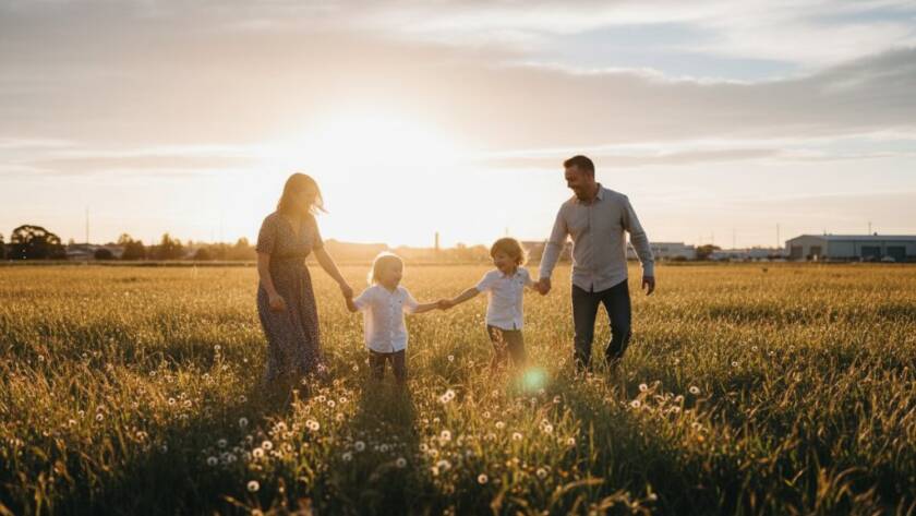 A beautifully composed cinematic photograph showcasing joyful candid family photography Tottenham Victoria, with parents and children laughing genuinely in a golden-hour glow at a local park, capturing a heartfelt, authentic moment with dramatic lighting and professional colour grading.