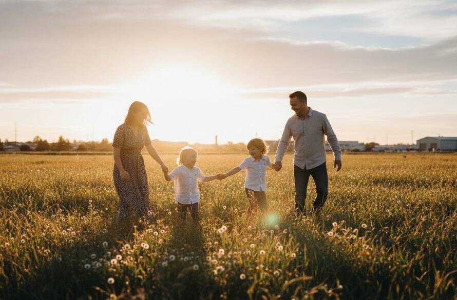 A beautifully composed cinematic photograph showcasing joyful candid family photography Tottenham Victoria, with parents and children laughing genuinely in a golden-hour glow at a local park, capturing a heartfelt, authentic moment with dramatic lighting and professional colour grading.