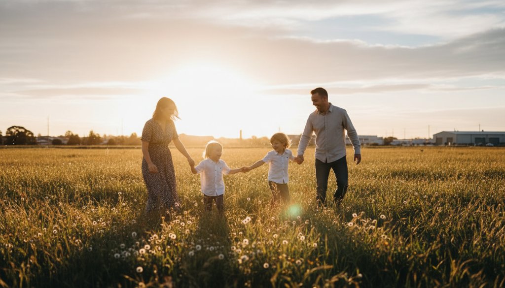 A beautifully composed cinematic photograph showcasing joyful candid family photography Tottenham Victoria, with parents and children laughing genuinely in a golden-hour glow at a local park, capturing a heartfelt, authentic moment with dramatic lighting and professional colour grading.