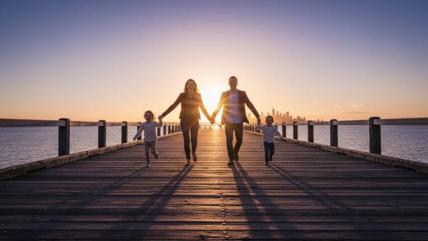 A heartwarming, sun-drenched scene capturing joyful candid family photos Williamstown North, with parents laughing and children playing by the historic pier at sunset, depicting an epic, genuine moment of connection.