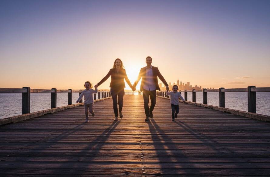A heartwarming, sun-drenched scene capturing joyful candid family photos Williamstown North, with parents laughing and children playing by the historic pier at sunset, depicting an epic, genuine moment of connection.