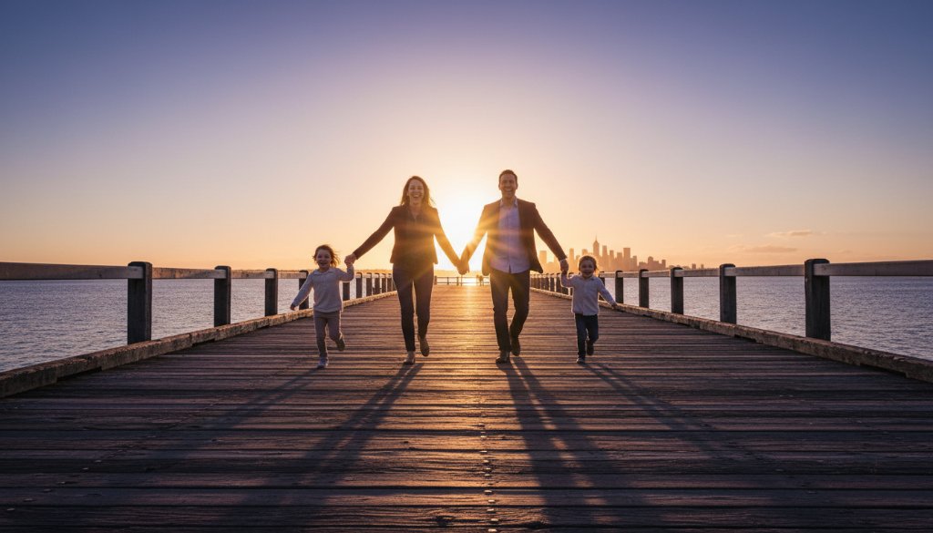 A heartwarming, sun-drenched scene capturing joyful candid family photos Williamstown North, with parents laughing and children playing by the historic pier at sunset, depicting an epic, genuine moment of connection.