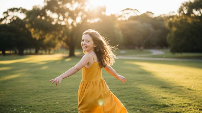 Joyful candid kids photography Box Hill North capturing a child laughing mid-air on a swing, golden hour light, lush park setting, professional and vibrant.
