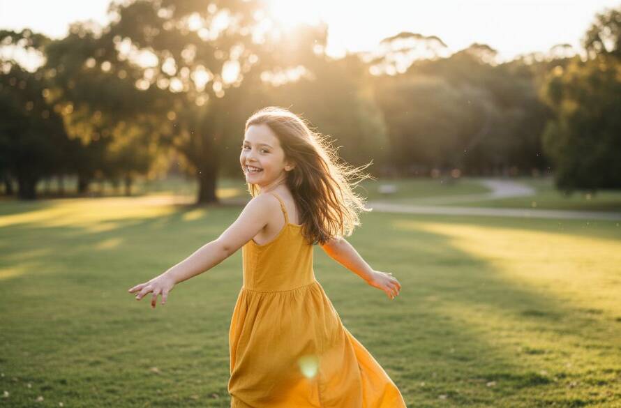 Joyful candid kids photography Box Hill North capturing a child laughing mid-air on a swing, golden hour light, lush park setting, professional and vibrant.