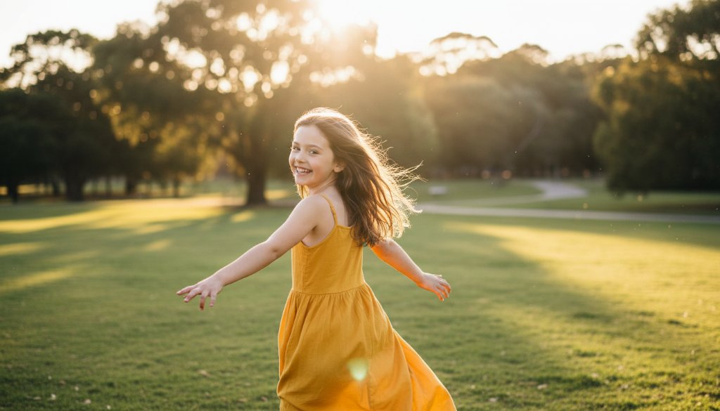 Joyful candid kids photography Box Hill North capturing a child laughing mid-air on a swing, golden hour light, lush park setting, professional and vibrant.