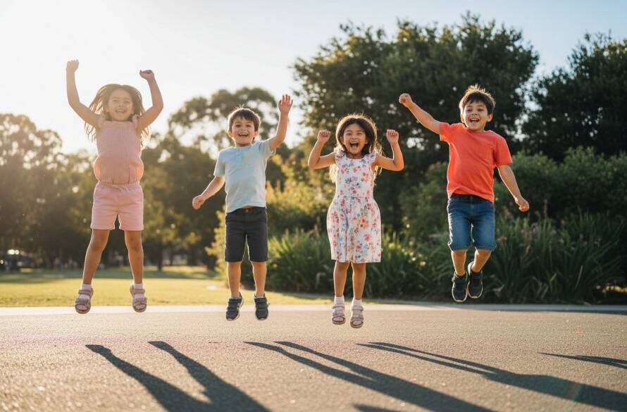Joyful candid kids photography Braeside: An epic wide-angle shot of two children, one boy and one girl, mid-air jumping with pure elation in a sun-drenched park in Braeside, Victoria, their faces beaming with genuine laughter, surrounded by the lush green foliage of Braeside Park, captured with dramatic backlighting at golden hour, portraying a timeless moment of childhood joy.