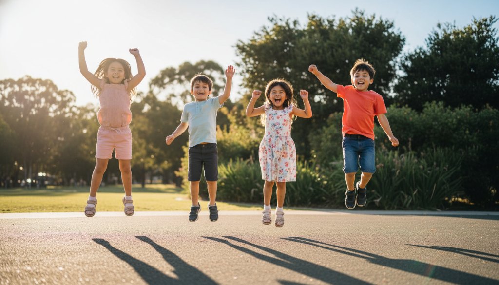 Joyful candid kids photography Braeside: An epic wide-angle shot of two children, one boy and one girl, mid-air jumping with pure elation in a sun-drenched park in Braeside, Victoria, their faces beaming with genuine laughter, surrounded by the lush green foliage of Braeside Park, captured with dramatic backlighting at golden hour, portraying a timeless moment of childhood joy.
