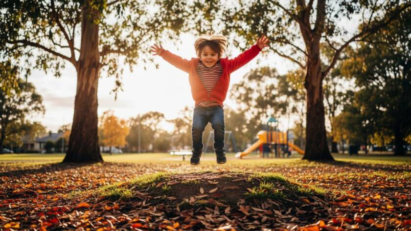 A vibrant, joyful candid kids photography moment in Noble Park, Victoria, showing a child laughing while running through a sun-dappled park, captured with professional dramatic lighting and rich colour grading.