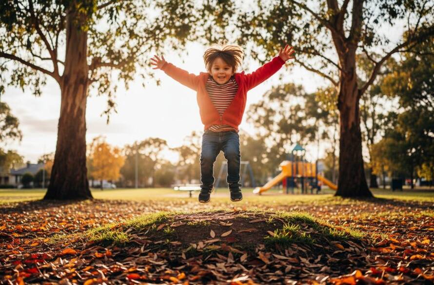 A vibrant, joyful candid kids photography moment in Noble Park, Victoria, showing a child laughing while running through a sun-dappled park, captured with professional dramatic lighting and rich colour grading.