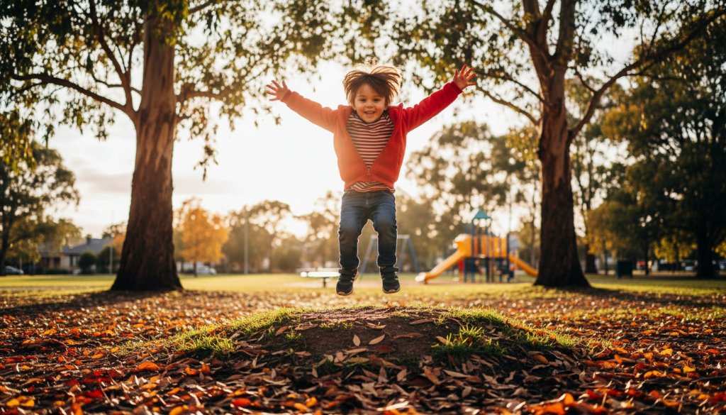 A vibrant, joyful candid kids photography moment in Noble Park, Victoria, showing a child laughing while running through a sun-dappled park, captured with professional dramatic lighting and rich colour grading.