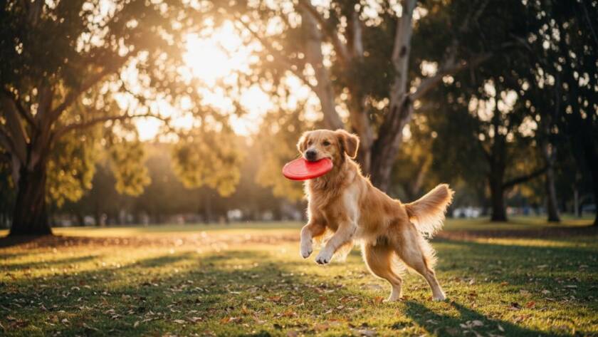 A golden retriever, mid-leap with a joyful expression, playfully chasing a frisbee in a sun-drenched Princes Park, Caulfield South, captured with joyful candid pet photography Caulfield South, dramatic backlighting, and professional color grading, conveying pure happiness.