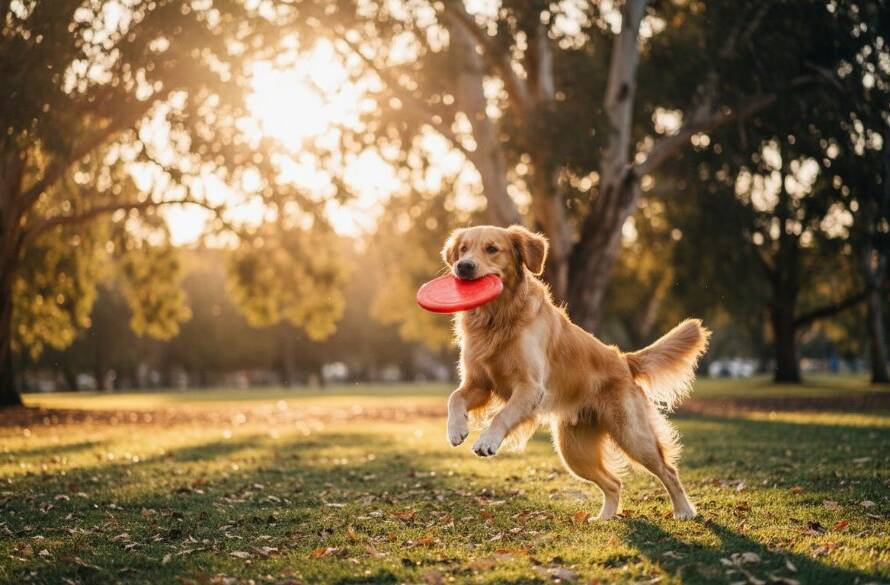 A golden retriever, mid-leap with a joyful expression, playfully chasing a frisbee in a sun-drenched Princes Park, Caulfield South, captured with joyful candid pet photography Caulfield South, dramatic backlighting, and professional color grading, conveying pure happiness.