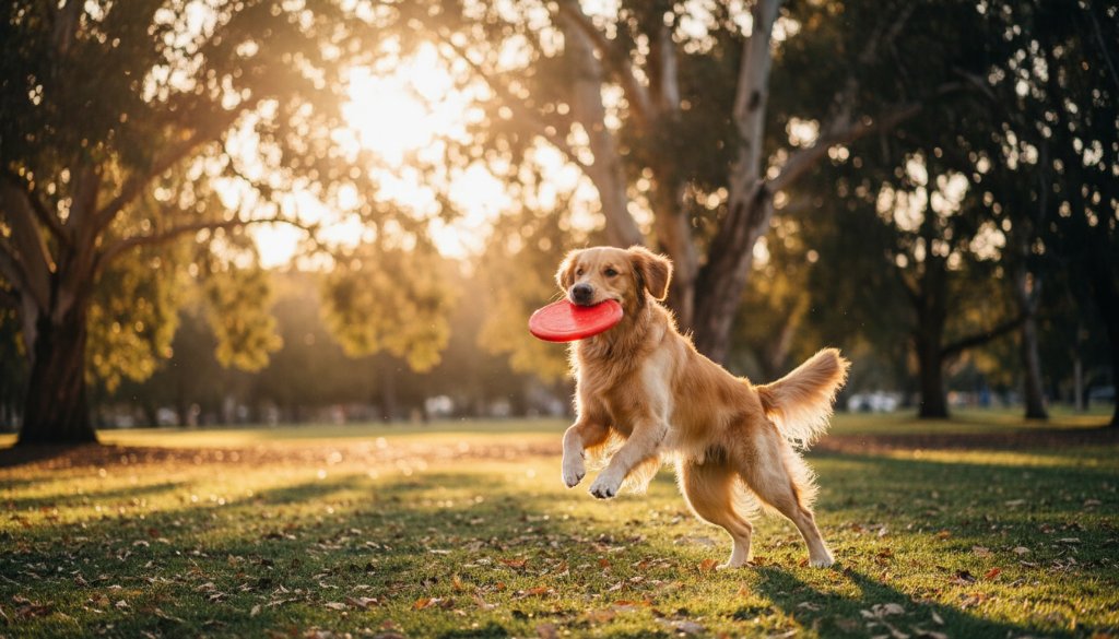 A golden retriever, mid-leap with a joyful expression, playfully chasing a frisbee in a sun-drenched Princes Park, Caulfield South, captured with joyful candid pet photography Caulfield South, dramatic backlighting, and professional color grading, conveying pure happiness.