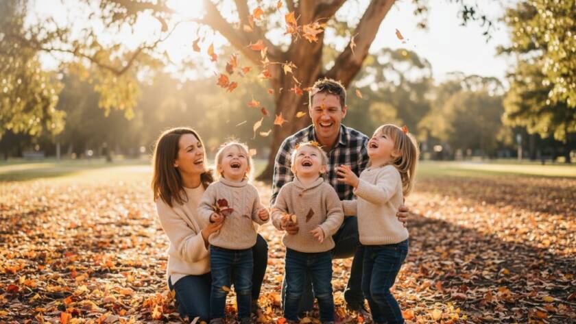 A family joyfully laughing together in a sun-drenched park in Box Hill North, captured through joyful candid photojournalism, showcasing a genuine, unposed moment of connection and happiness, professionally lit and colour-graded.