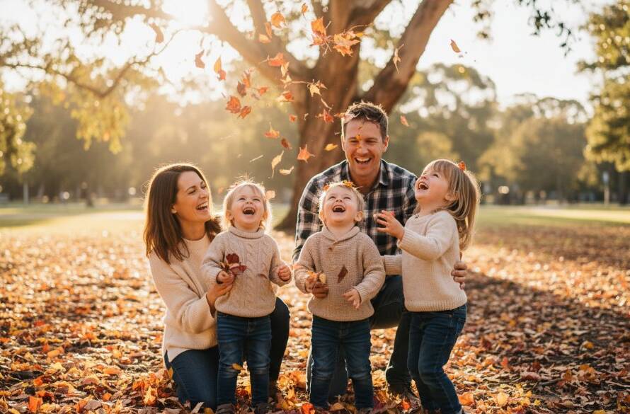 A family joyfully laughing together in a sun-drenched park in Box Hill North, captured through joyful candid photojournalism, showcasing a genuine, unposed moment of connection and happiness, professionally lit and colour-graded.