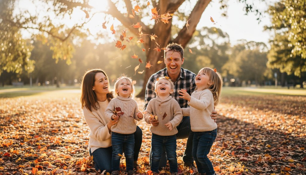 A family joyfully laughing together in a sun-drenched park in Box Hill North, captured through joyful candid photojournalism, showcasing a genuine, unposed moment of connection and happiness, professionally lit and colour-graded.
