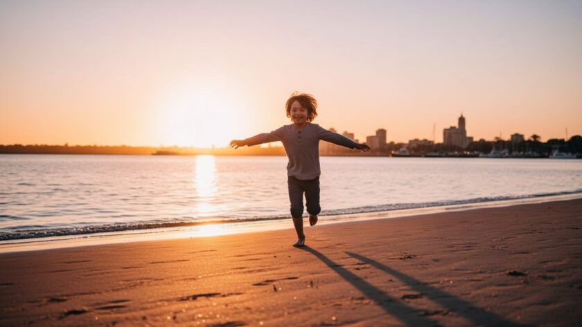 A wide-angle, vibrant photograph capturing joyful child photos East Geelong waterfront, featuring a young girl mid-jump with arms outstretched, silhouetted against a golden sunset over Corio Bay, a blurred waterfront park in the background, conveying pure delight and freedom.