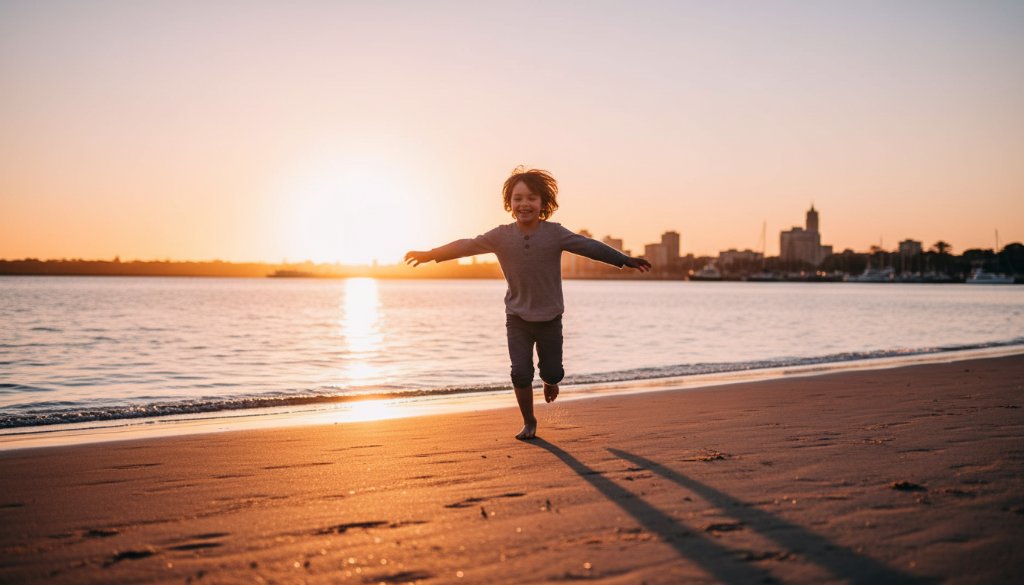 A wide-angle, vibrant photograph capturing joyful child photos East Geelong waterfront, featuring a young girl mid-jump with arms outstretched, silhouetted against a golden sunset over Corio Bay, a blurred waterfront park in the background, conveying pure delight and freedom.