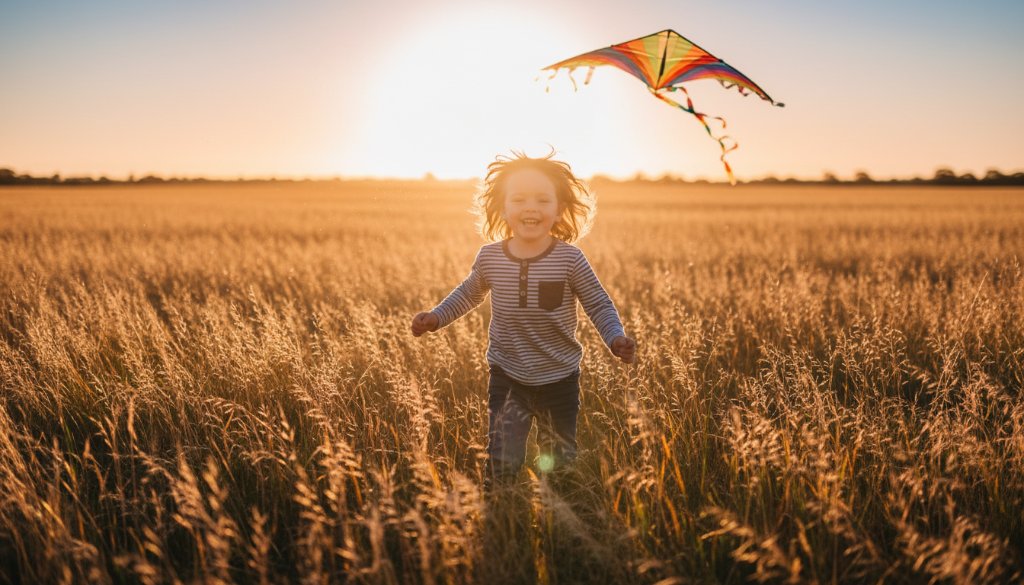 A wide shot of a child, mid-laugh, running through a sun-drenched field near Lucas, Victoria, with a golden sunset illuminating their joyful expression, perfectly capturing an authentic, epic moment for joyful child portraits Lucas Victoria.