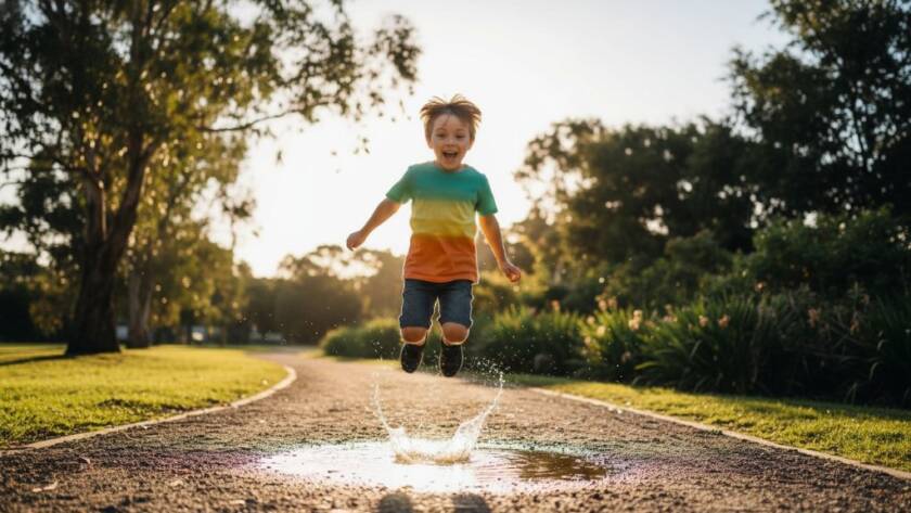 An emotionally resonant, wide-angle shot of a child, mid-laughter, running through a sun-dappled park in Kealba, Victoria, surrounded by lush greenery, captured with professional dramatic lighting and vibrant colour grading, reflecting the joy of joyful children photography Kealba Victoria.