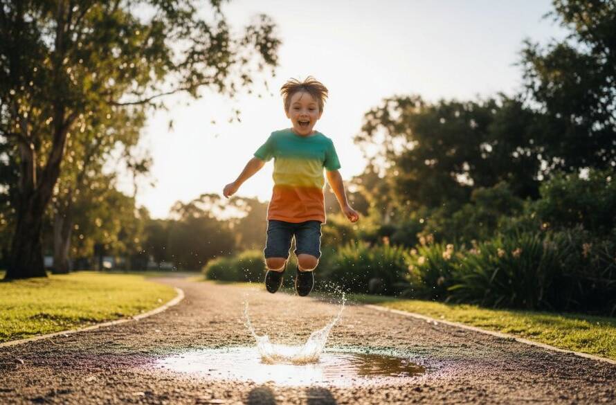 An emotionally resonant, wide-angle shot of a child, mid-laughter, running through a sun-dappled park in Kealba, Victoria, surrounded by lush greenery, captured with professional dramatic lighting and vibrant colour grading, reflecting the joy of joyful children photography Kealba Victoria.