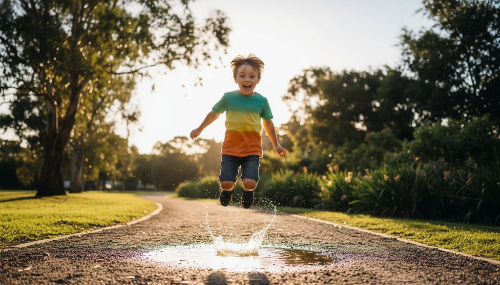 An emotionally resonant, wide-angle shot of a child, mid-laughter, running through a sun-dappled park in Kealba, Victoria, surrounded by lush greenery, captured with professional dramatic lighting and vibrant colour grading, reflecting the joy of joyful children photography Kealba Victoria.