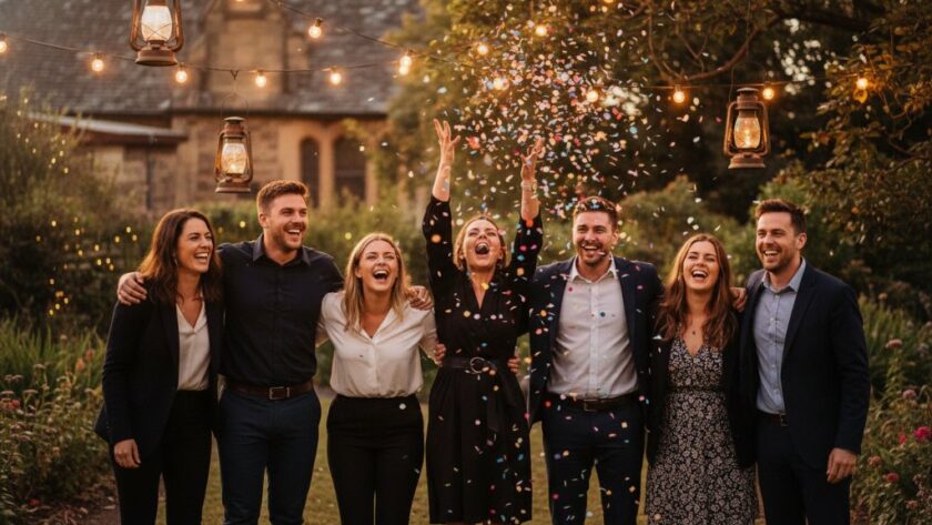 A close-up, joyful Clunes party photography capturing candid moments of guests laughing and cheering, illuminated by warm string lights at dusk in a historic Clunes garden, showcasing genuine emotion and vibrant celebration.