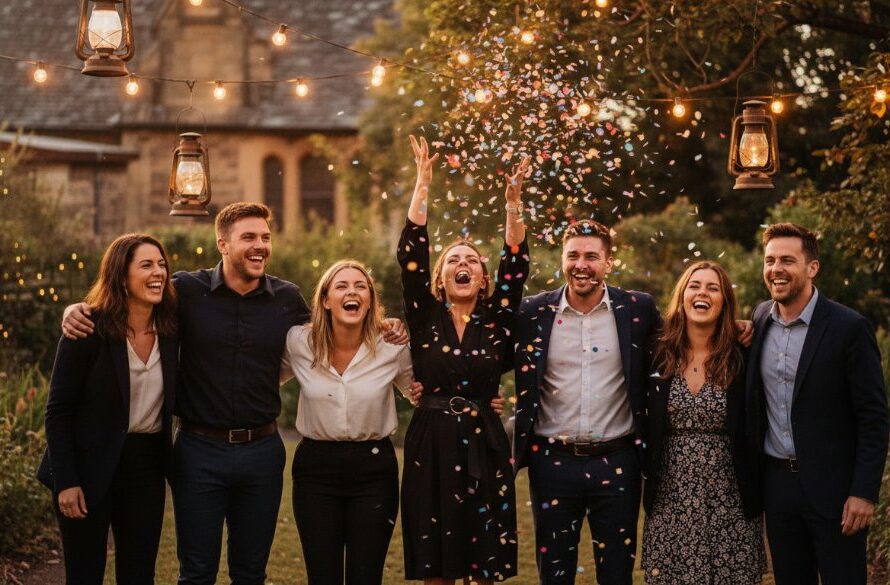 A close-up, joyful Clunes party photography capturing candid moments of guests laughing and cheering, illuminated by warm string lights at dusk in a historic Clunes garden, showcasing genuine emotion and vibrant celebration.