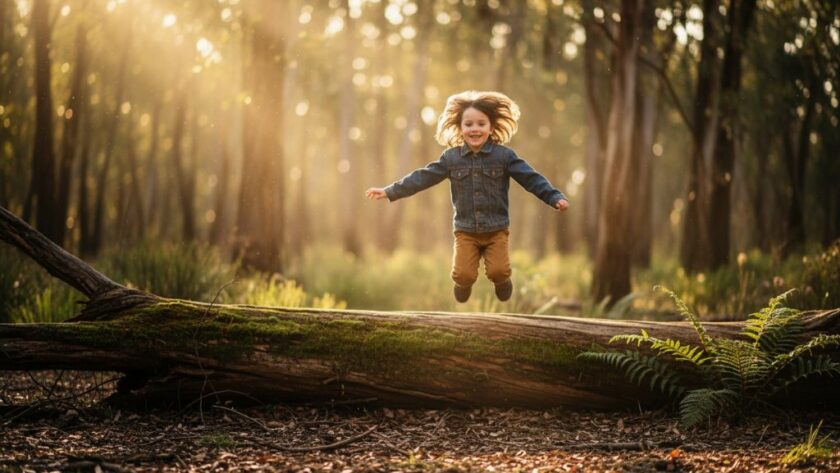 A child, aged about 7, running joyfully through a sun-dappled field of tall golden grass near Creswick, Victoria, arms outstretched, with a genuine, wide smile, capturing the essence of joyful Creswick kids photography outdoor portraits, in a professionally colour-graded cinematic style.