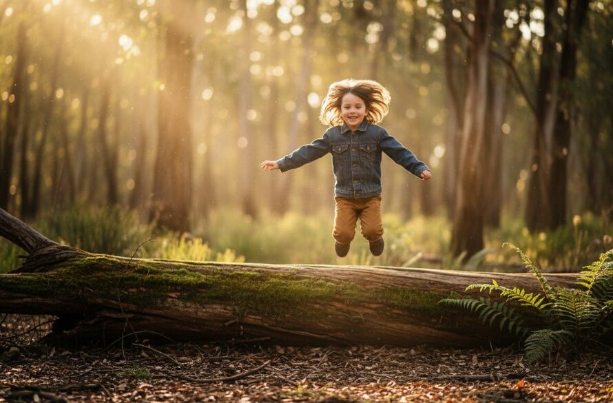 A child, aged about 7, running joyfully through a sun-dappled field of tall golden grass near Creswick, Victoria, arms outstretched, with a genuine, wide smile, capturing the essence of joyful Creswick kids photography outdoor portraits, in a professionally colour-graded cinematic style.