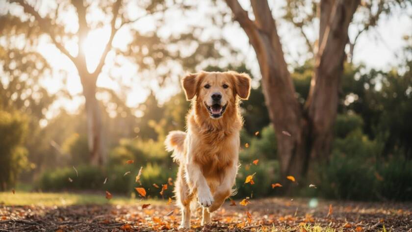 Epic moment of a Golden Retriever joyfully leaping through autumn leaves in a Dandenong North park, captured with professional lighting, embodying joyful Dandenong North pet photography capturing wagging tails.