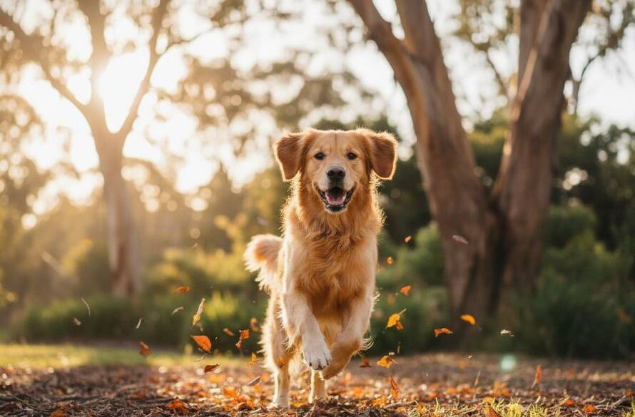 Epic moment of a Golden Retriever joyfully leaping through autumn leaves in a Dandenong North park, captured with professional lighting, embodying joyful Dandenong North pet photography capturing wagging tails.
