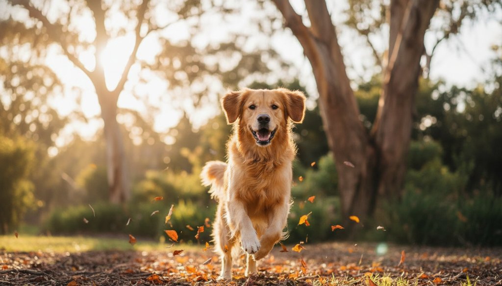 Epic moment of a Golden Retriever joyfully leaping through autumn leaves in a Dandenong North park, captured with professional lighting, embodying joyful Dandenong North pet photography capturing wagging tails.