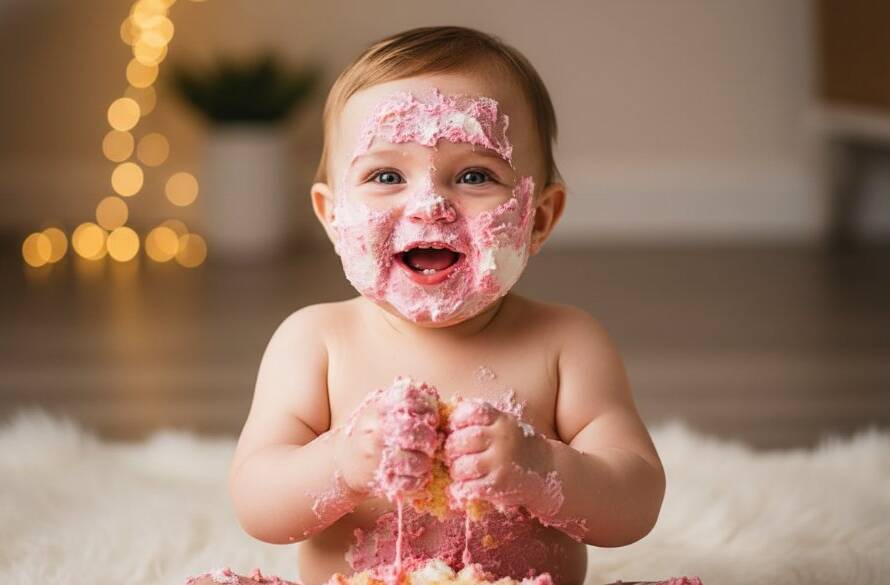 A heartwarming, close-up shot of a baby joyfully smashing a birthday cake during a joyful Deer Park first birthday cake smash photography session, with frosting smeared on their face and hands, sparkling eyes, and warm, golden hour lighting highlighting the messy fun and pure elation.