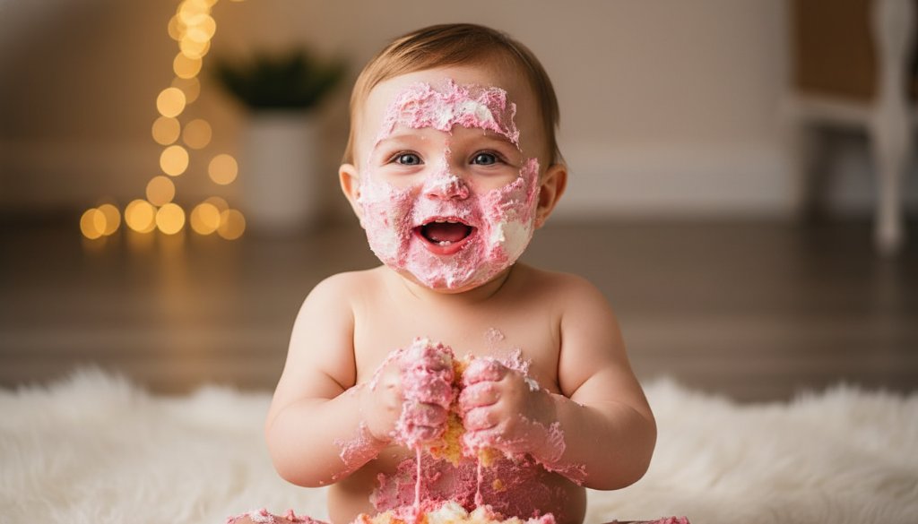 A heartwarming, close-up shot of a baby joyfully smashing a birthday cake during a joyful Deer Park first birthday cake smash photography session, with frosting smeared on their face and hands, sparkling eyes, and warm, golden hour lighting highlighting the messy fun and pure elation.