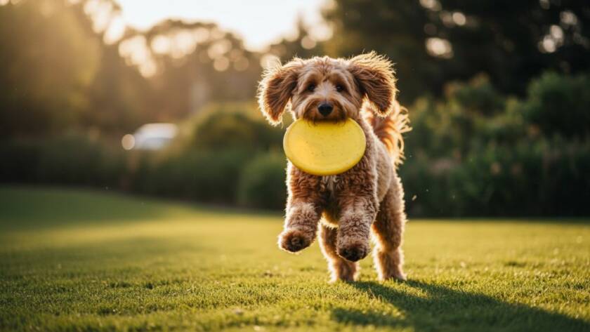 An epic moment of joyful dog photography Taylors Hill Victoria, featuring a golden retriever mid-leap, catching a frisbee with pure exhilaration at Taylors Hill Recreation Reserve, dramatic sunset lighting, professional color grading.
