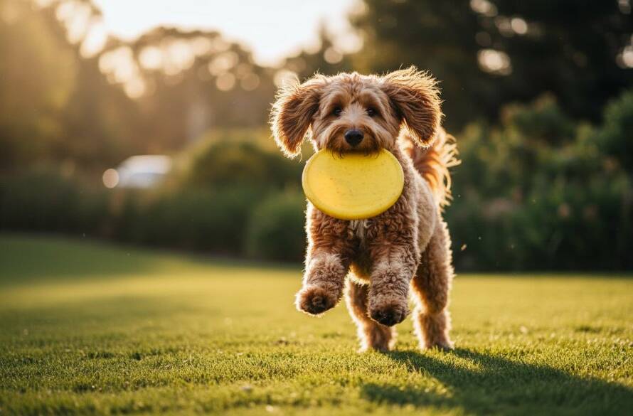 An epic moment of joyful dog photography Taylors Hill Victoria, featuring a golden retriever mid-leap, catching a frisbee with pure exhilaration at Taylors Hill Recreation Reserve, dramatic sunset lighting, professional color grading.