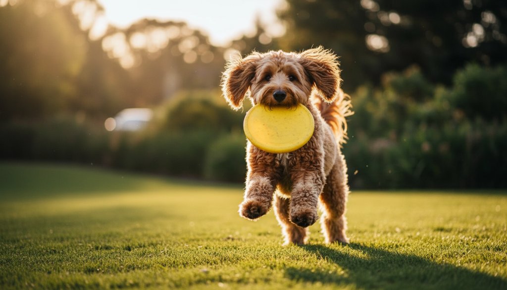 An epic moment of joyful dog photography Taylors Hill Victoria, featuring a golden retriever mid-leap, catching a frisbee with pure exhilaration at Taylors Hill Recreation Reserve, dramatic sunset lighting, professional color grading.