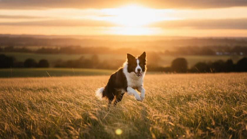 A heartwarming and joyful Drouin pet photography capturing unique bonds, featuring a golden retriever joyfully leaping through long grass at sunset near Drouin's foothills, golden light silhouetting its playful form against a vibrant sky, embodying pure freedom and happiness.