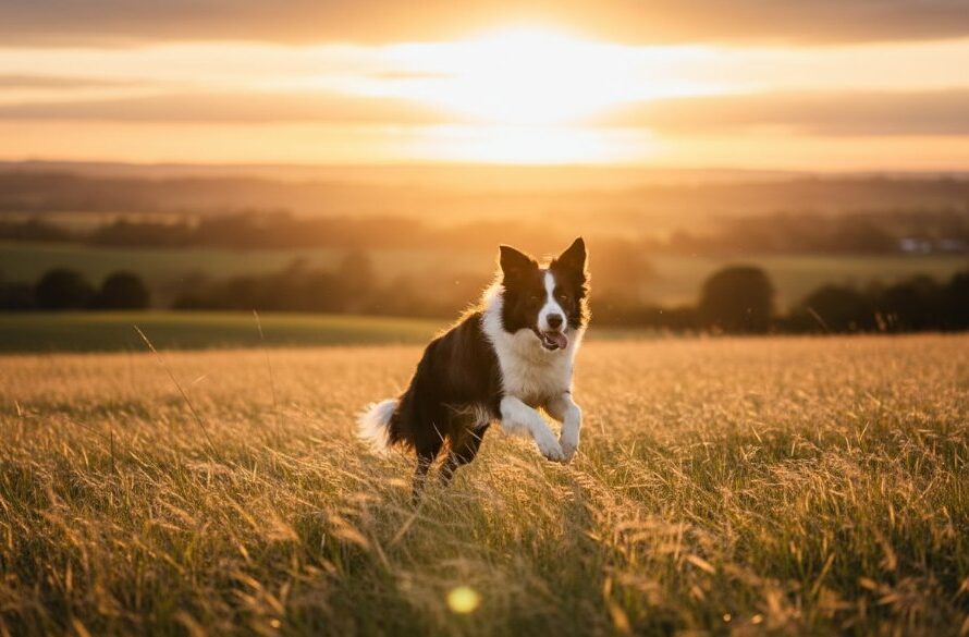 A heartwarming and joyful Drouin pet photography capturing unique bonds, featuring a golden retriever joyfully leaping through long grass at sunset near Drouin's foothills, golden light silhouetting its playful form against a vibrant sky, embodying pure freedom and happiness.