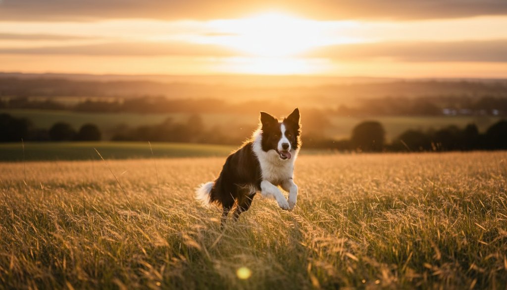 A heartwarming and joyful Drouin pet photography capturing unique bonds, featuring a golden retriever joyfully leaping through long grass at sunset near Drouin's foothills, golden light silhouetting its playful form against a vibrant sky, embodying pure freedom and happiness.