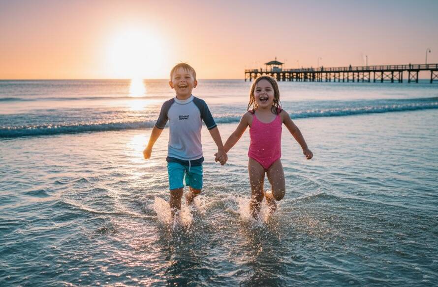 An epic moment of joyful Edithvale beach kids photography featuring two children laughing and running through shallow waves at sunset, their silhouettes framed by the golden light, evoking freedom and happiness.